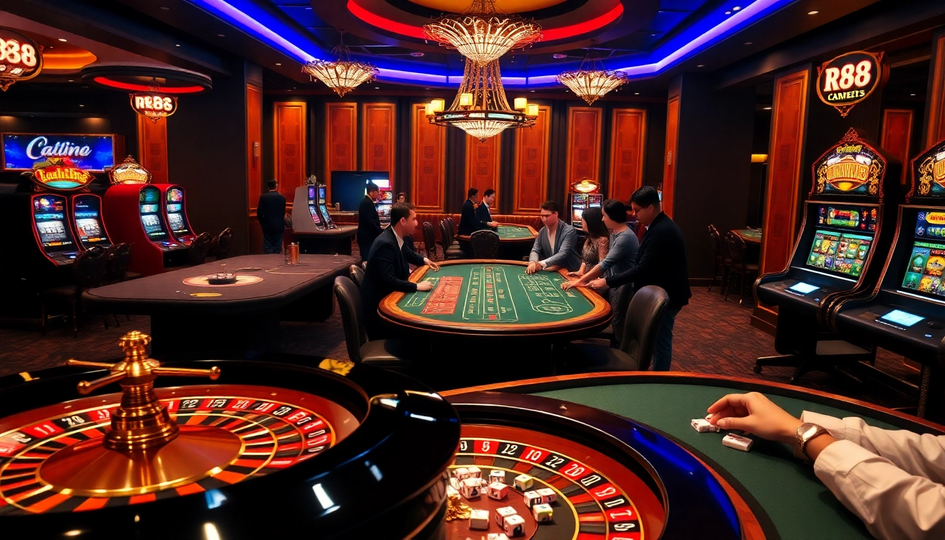 Experience high-stakes action with RR88 at a luxurious casino table featuring roulette and poker.