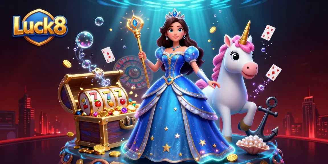 Experience the magic of Luck8 as a glamorous figure spins the roulette, surrounded by vibrant slot elements.