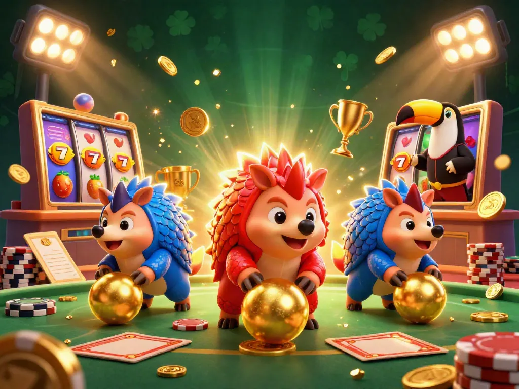 Enjoy exciting gameplay at this online casino with vibrant pangolin characters and slot machine elements.