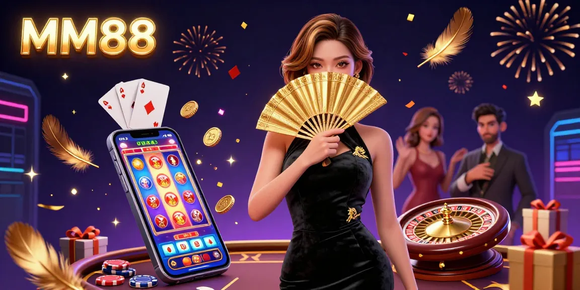 Experience exciting gameplay with MM88's captivating 3D casino illustration showcasing slot games and vibrant characters.