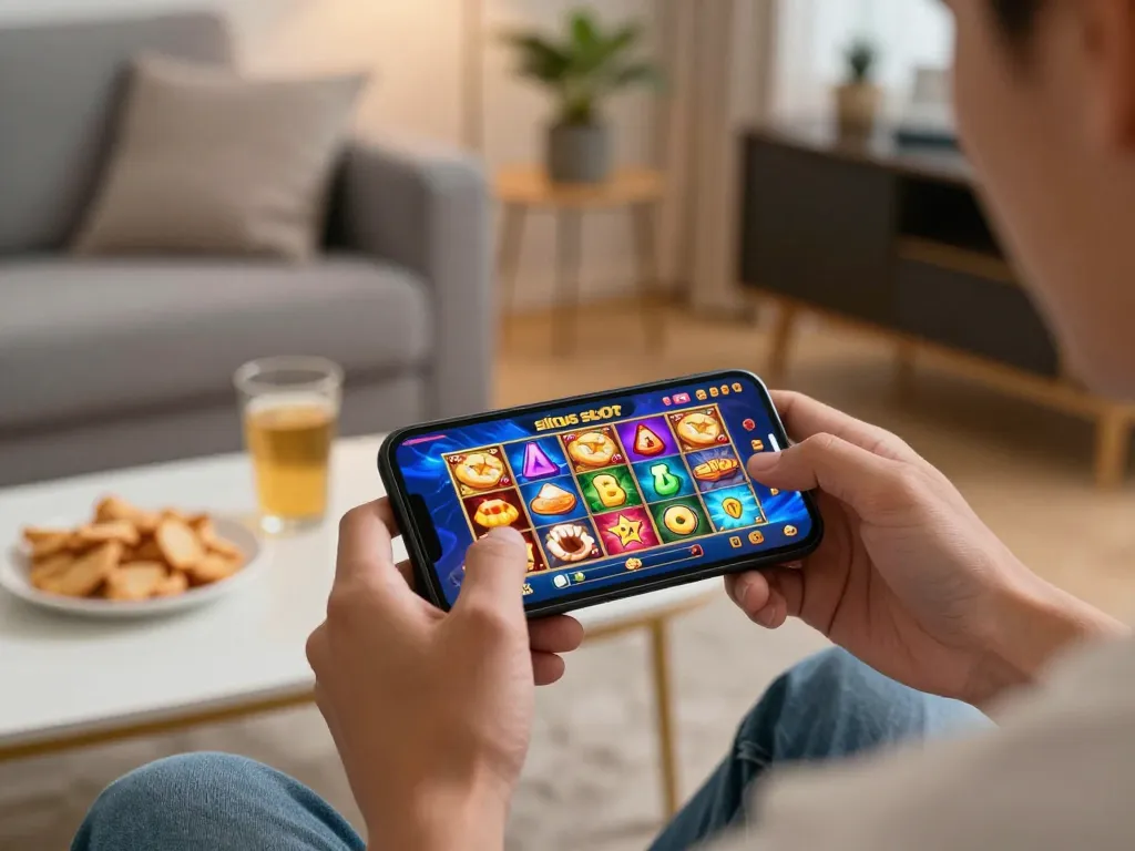 situs slot game displayed on smartphone in a cozy home setting with vibrant graphics