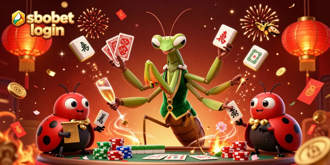 Engage with sbobet login in a vibrant caricature scene featuring a card sharp and celebratory elements.