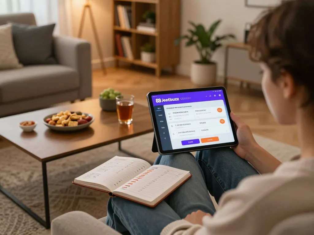 Engaging with Jeetbuzz 88 app in a cozy home setting while tracking betting strategies.