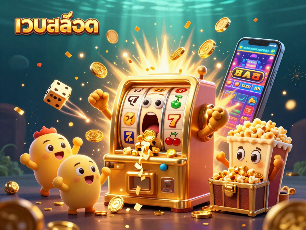Win big at เว็บสล็อต with cheerful slot machines celebrating a jackpot moment amid a vibrant casino scene.