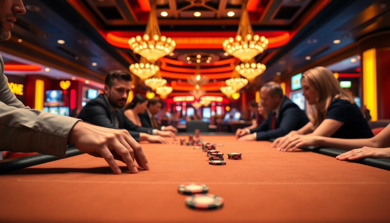 Menang dalam permainan ARAHTOGEL di meja poker kasino yang ceria dan ramai.
