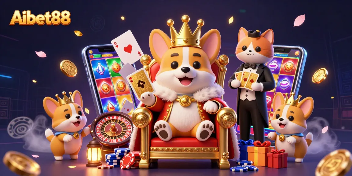 Aibet88 showcases a royal corgi on a throne with poker chips and a cat butler presenting cards in an exciting casino scene.