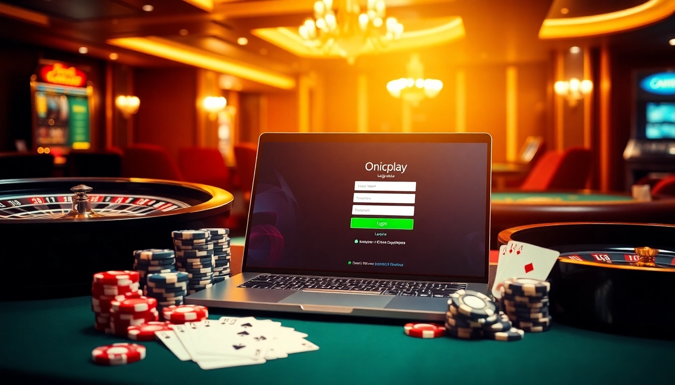 Engage with the onicplay login on a luxurious online gambling interface, set against a vibrant casino backdrop.