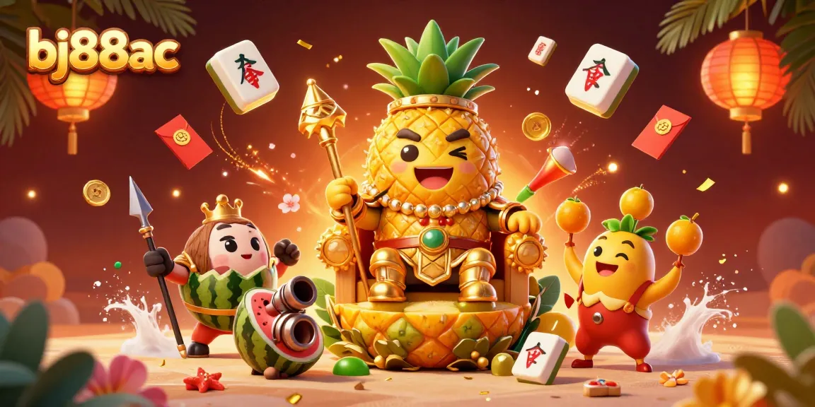 Play in a vibrant casino scene with bj88ac's golden pineapple king amidst exciting games and fireworks.