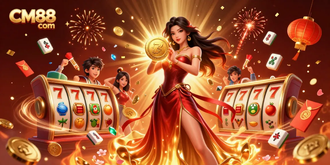 Engage in the vibrant gaming action of CM88 com with a dazzling golden coin held by a photorealistic Asian woman surrounded by festive casino elements.
