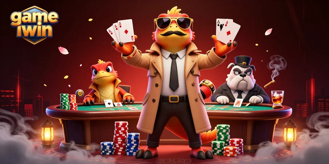 Engage with game iwin in a vibrant casino scene featuring raptors in disguise and poker elements.