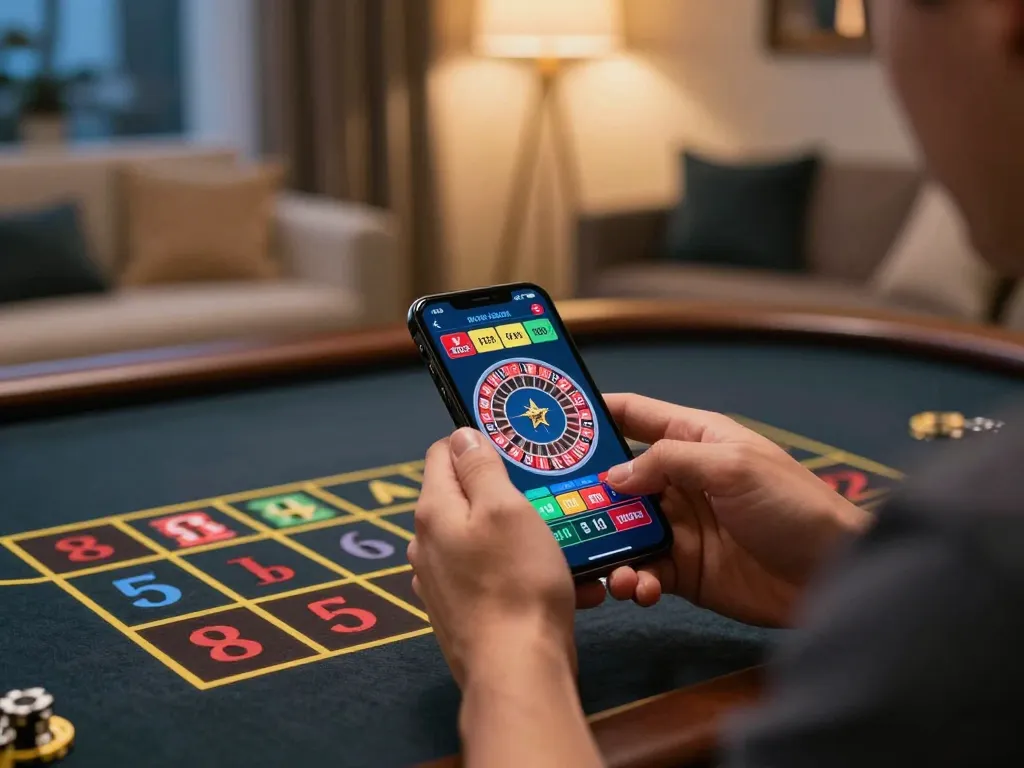 Experience link mm88 with live dealer roulette on smartphone in a cozy home gaming setup