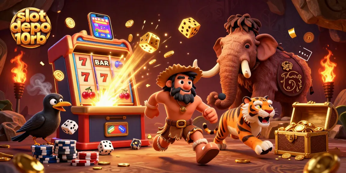 Experience slot depo 10rb thrills with a vivid prehistoric casino scene featuring rich gaming elements.