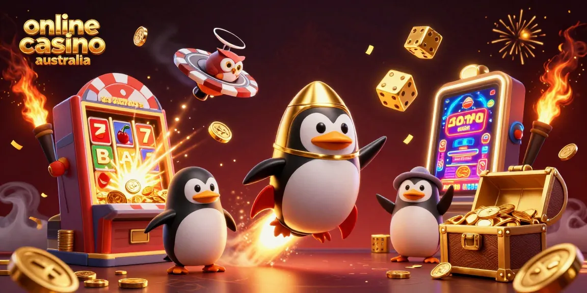 Experience the excitement of online casino Australia with a golden penguin and vibrant casino elements.