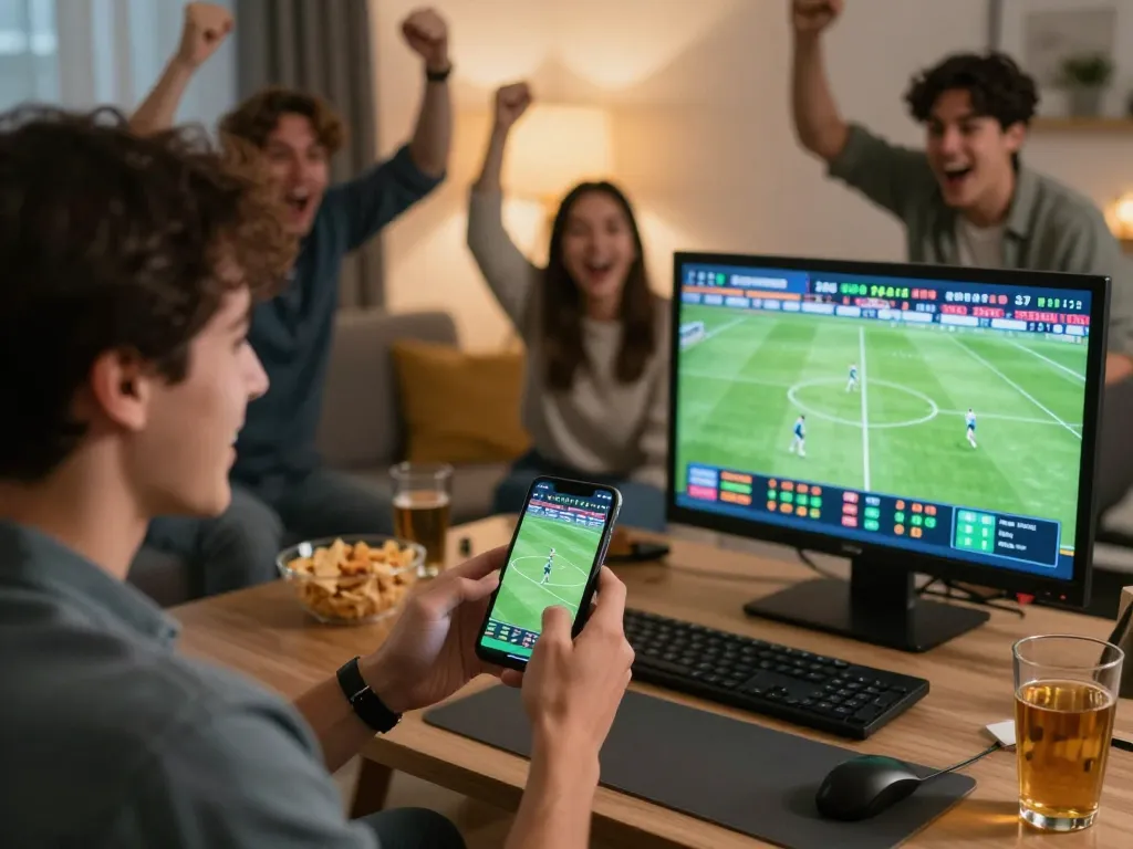 Betting with m113 on smartphone during live football game excitement among friends