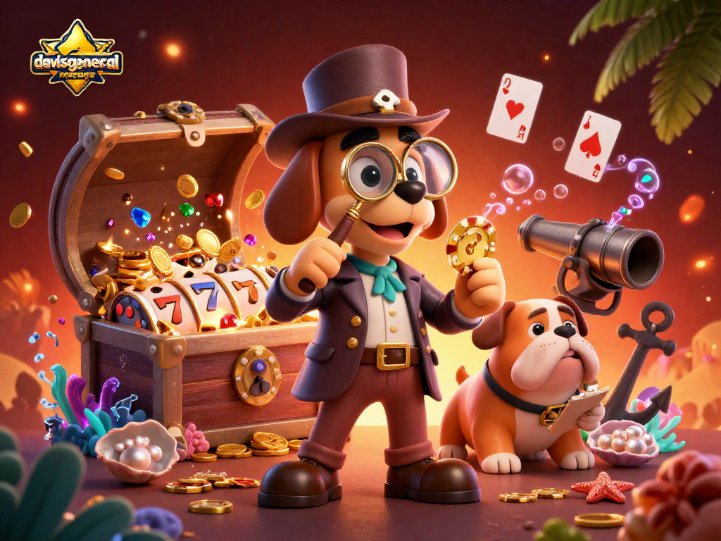 Davisgeneralrepair reveals treasure through poker clues with dynamic casino elements in vibrant 3D illustration.