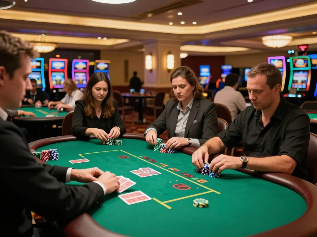 Engaging players at tables showcasing Link FB88 in a vibrant casino setting.