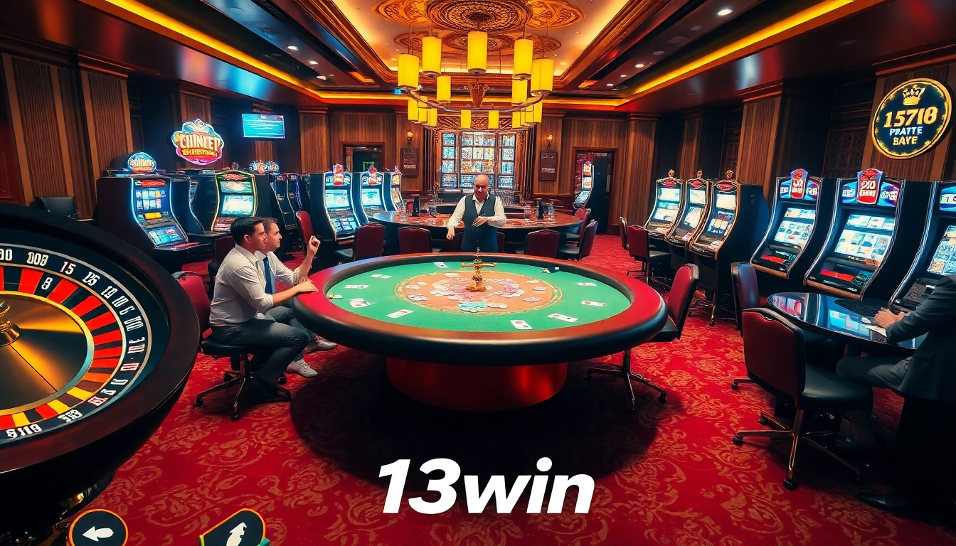 Experience the excitement of 13win while playing on luxurious casino tables filled with chips and cards.