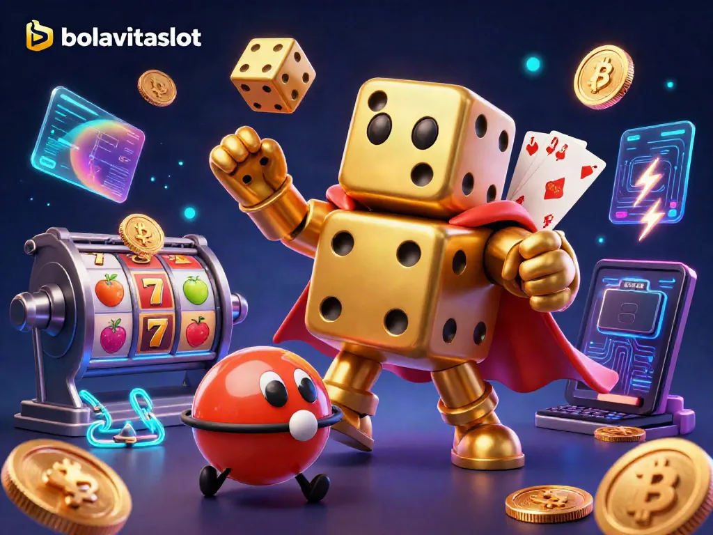 Experience thrilling gameplay at bolavitaslot with this colorful 3D casino illustration of golden dice and slot elements.