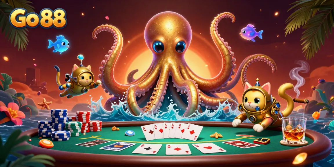 Engage with Go 88 through a captivating 3D scene featuring a kraken and poker elements.