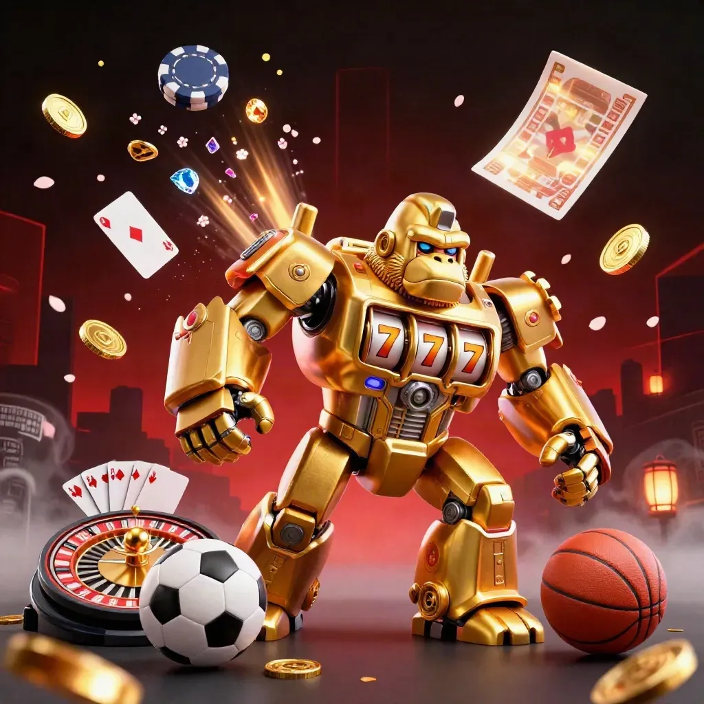 Golden gorilla mech with monkey pilot, casino items, coins, chips, and a glowing red-black skyline.