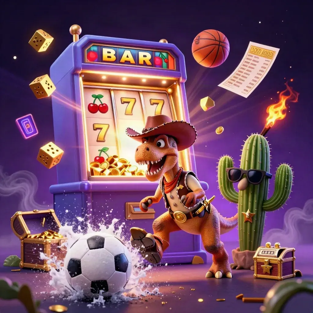 Cowboy T-Rex, cactus, roadrunner, soccer ball strike, slot machine burst, neon casino art
