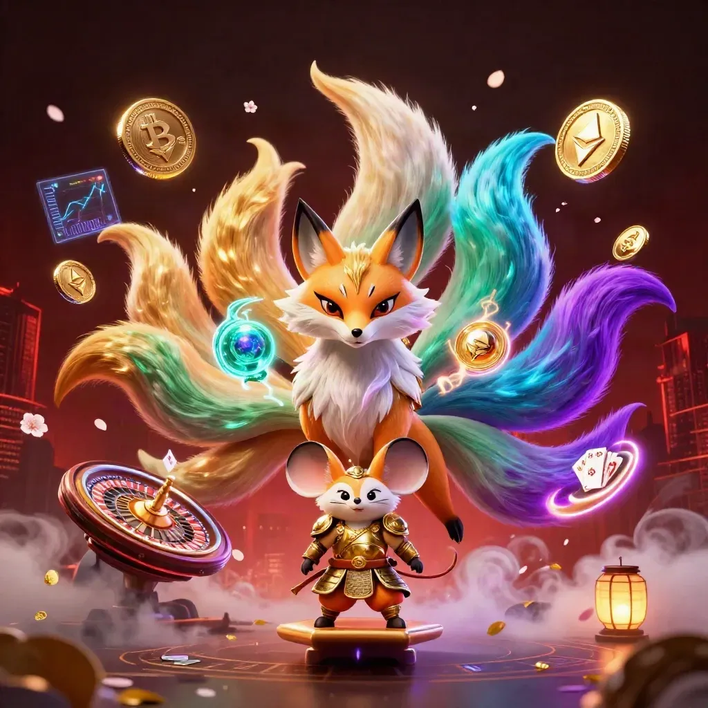 Nine-tailed fox spirit and gold-armored mouse amid casino neon, coins, runes, and golden leaves