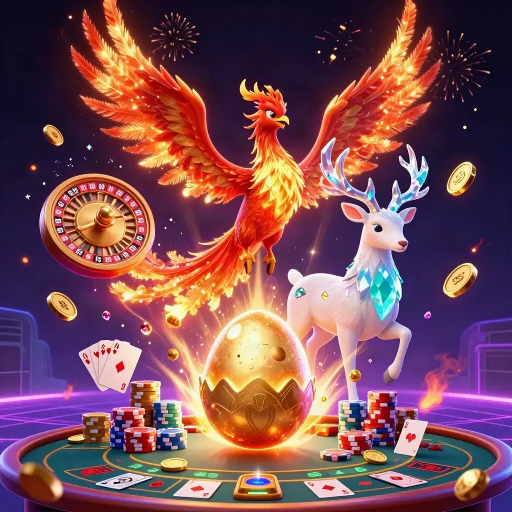 Fiery phoenix, baby phoenix, and crystal stag amid coins, gems, roulette, cards, and chips