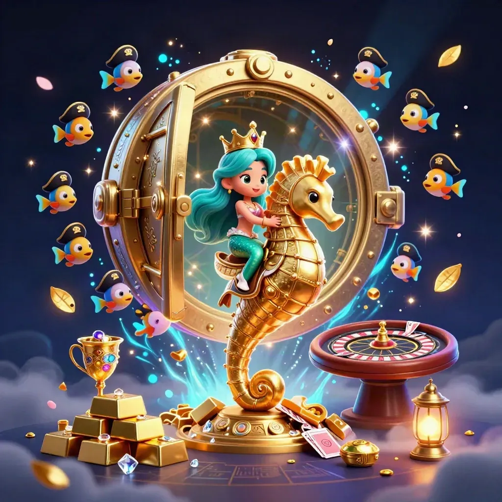 Mermaid princess on armored seahorse amid vault burst, gold, gems, pirate fish, cards, and neon glow.