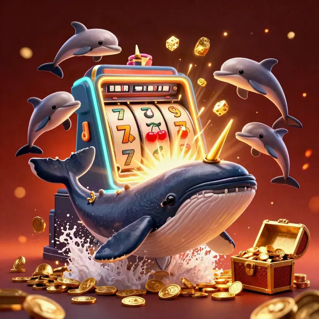 Cartoon whale captain, narwhal, dolphins amid jackpot coins, slot machine and gold rays