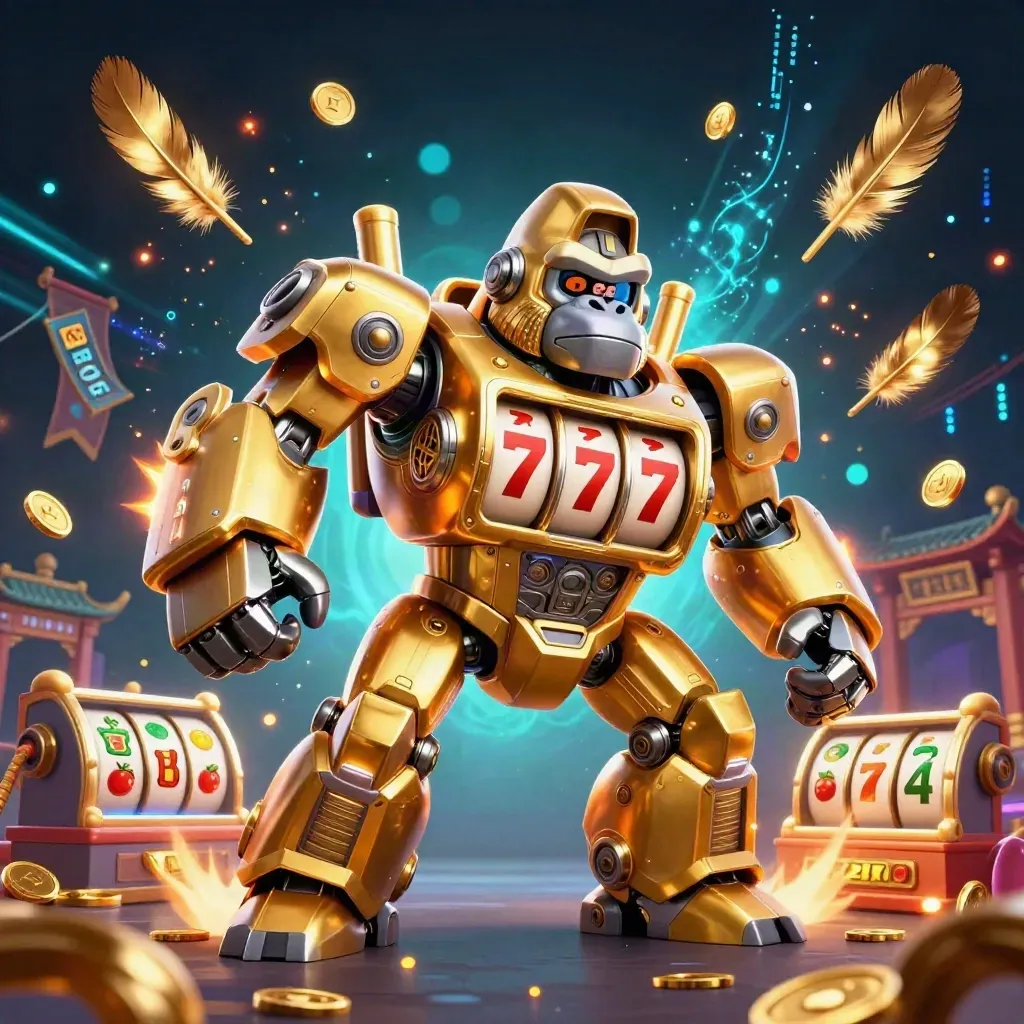 Golden gorilla mech with monkey pilot amid casino relics, neon energy, and dark temple smoke.