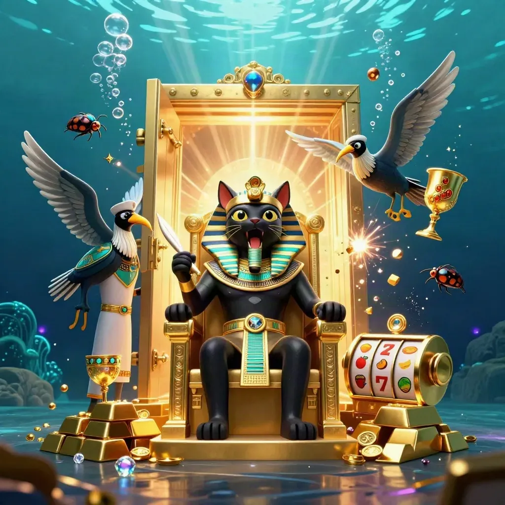 Pharaoh cat, ibis scribe, and gem-winged scarabs around a golden vault in neon underwater glow.