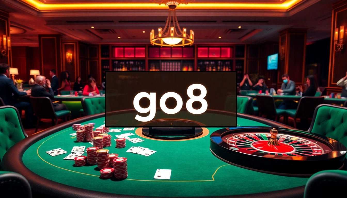 Experience the excitement of casino gaming with go8-themed poker tables and vibrant roulette wheels.