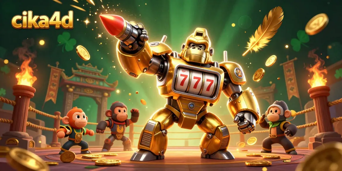 Cika4d gaming scene featuring a golden gorilla mech and dynamic casino elements illustrating the thrill of online slots.