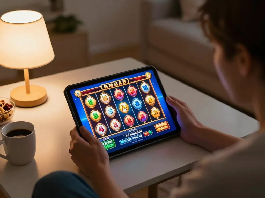 Playing exciting slot 4d game on a tablet in a cozy living room setting, engaging in responsible gambling.
