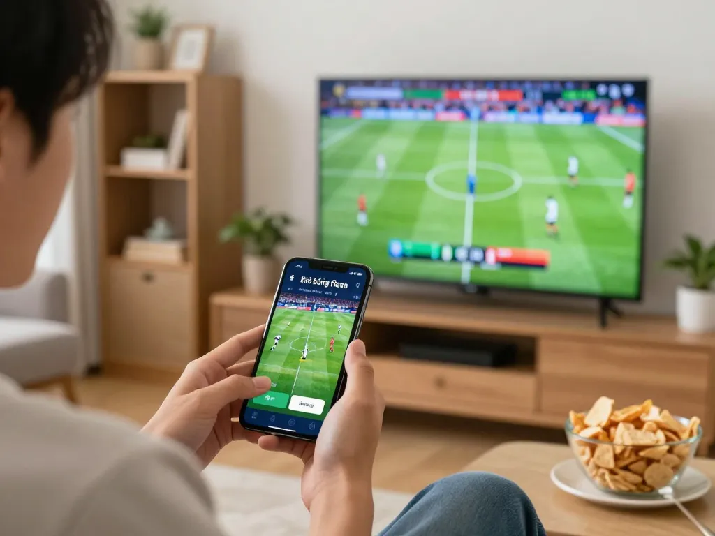 Kèo bóng đá hôm nay being placed on a smartphone during an exciting live sports betting event in a cozy home setting.
