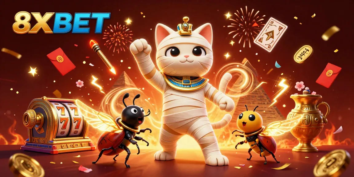 Experience the excitement of 8XBET with a dynamic illustration featuring a mummy cat, scarab beetle, and casino elements.