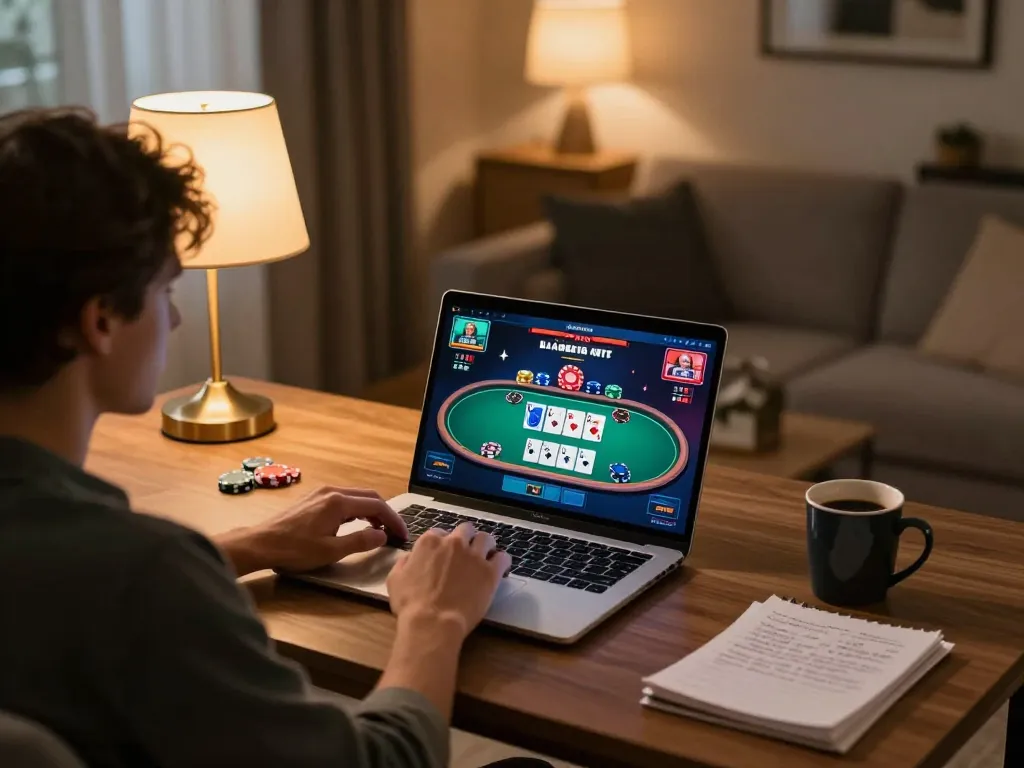 Engaging home gaming scene showcasing bk8 online poker options on a laptop, creating a cozy gaming atmosphere.