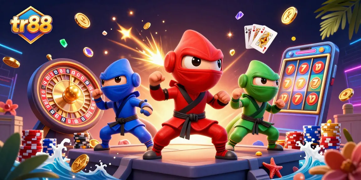 Engage in thrilling gameplay with tr88, showcasing a chameleon ninja team amid cascading casino elements.