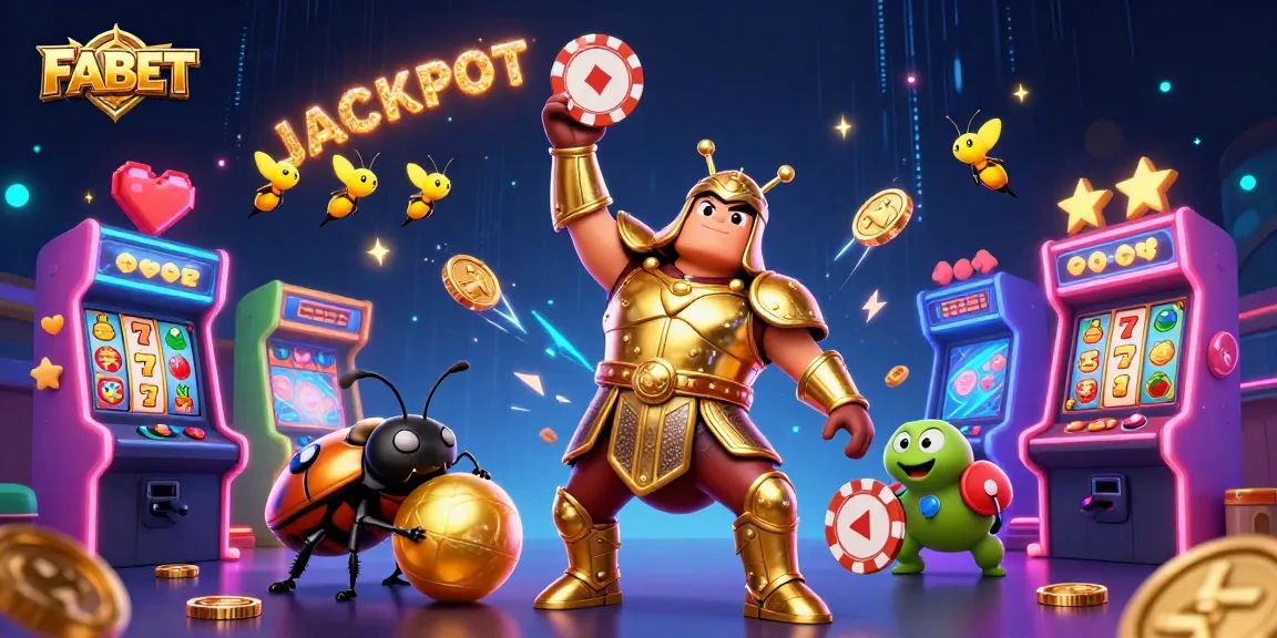 FABET highlights a glowing jackpot scene with colorful slot reels and a triumphant beetle, bringing excitement to players.