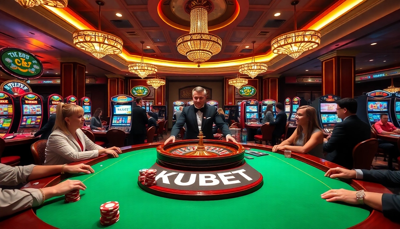 KUBET casino scene with vibrant gaming table, dealer, and exciting slot machines.