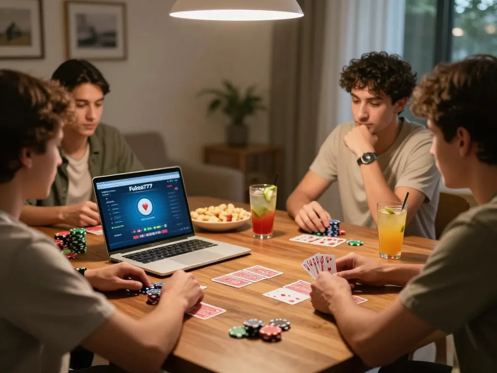 Friends playing poker online using Fokus777 with snacks and drinks in a cozy home setting.