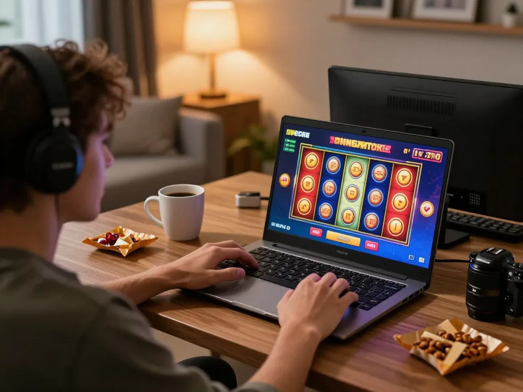 IDNSCORE player celebrating a winning spin on an online slot game during a cozy home gaming session.
