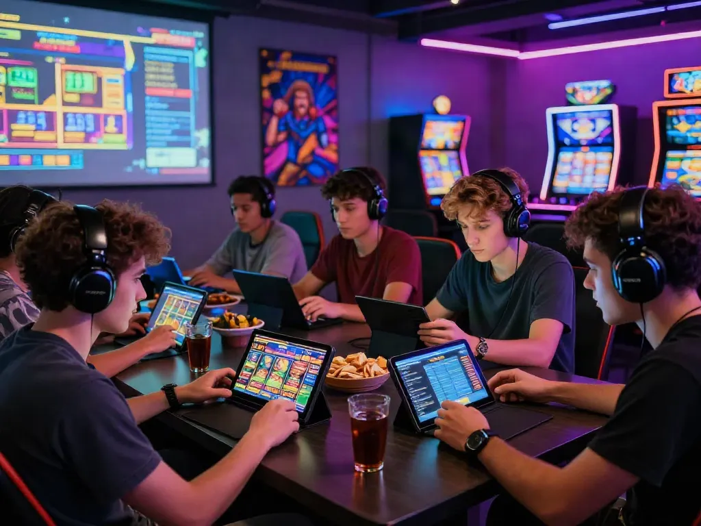 Players engaging in vibrant slot games on mobile devices in a lively gaming environment.