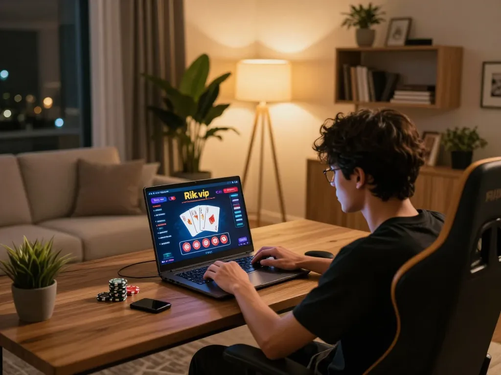 Engaging in online gaming at home with the Rik vip platform showcased on the laptop screen