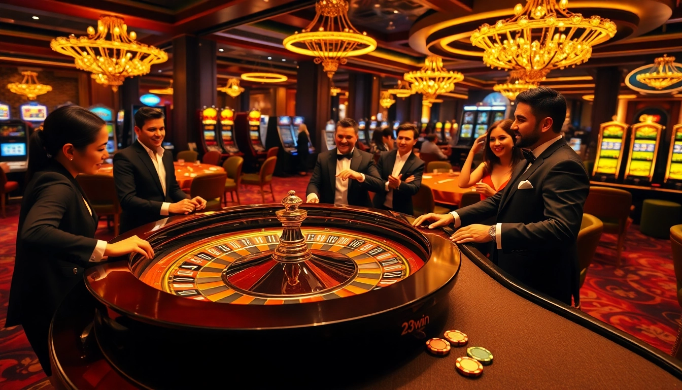 Players engaging in thrilling roulette action at 23win casino, showcasing vibrant casino ambiance.