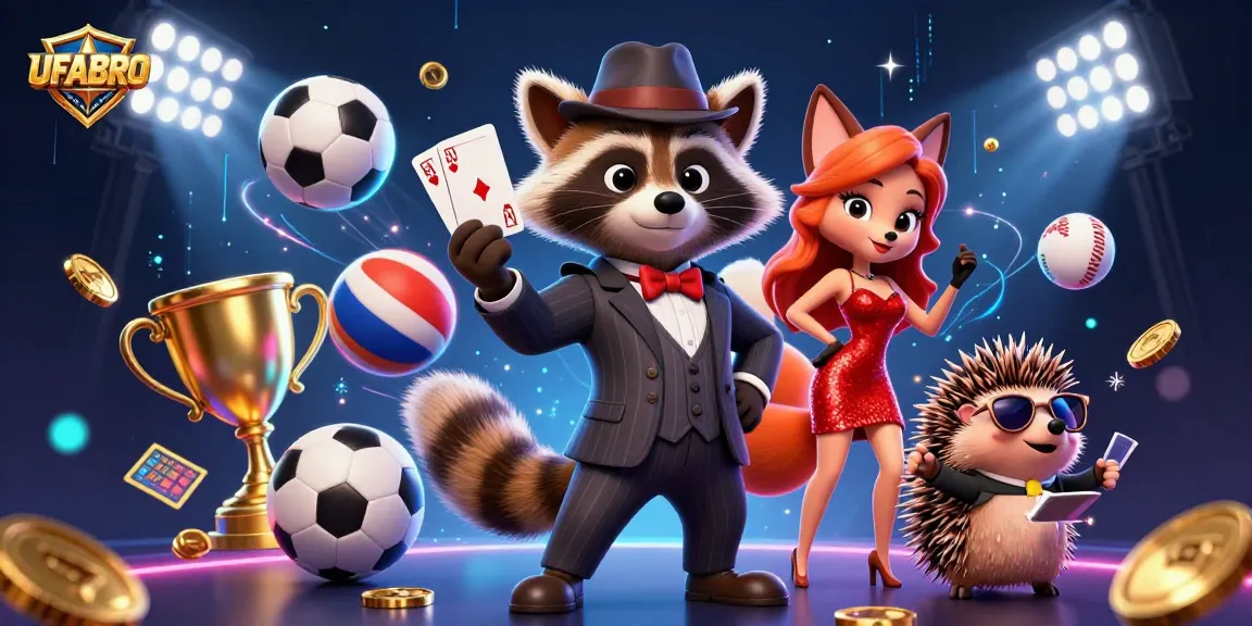 Experience the thrill of UFABRO with a suave raccoon, a glamorous fox, and dynamic sports betting elements.