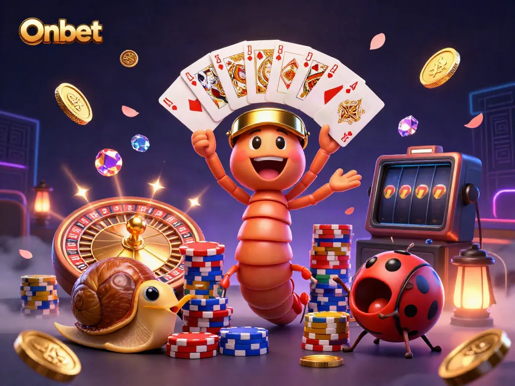 Experience thrilling action at Onbet casino with a dynamic illustration featuring charming 3D characters and shimmer-filled gaming elements.