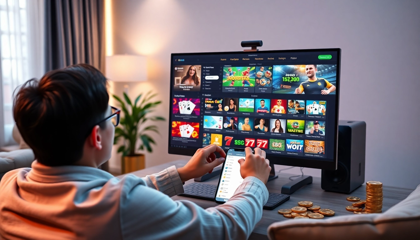 Exciting gaming scene showcasing nhà cái 8s online betting experience with sports, poker, and slots.