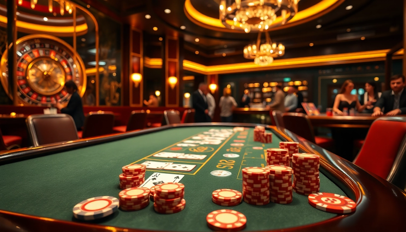 Potent j88-themed table showcasing vibrant chips and cards in an upscale casino atmosphere.