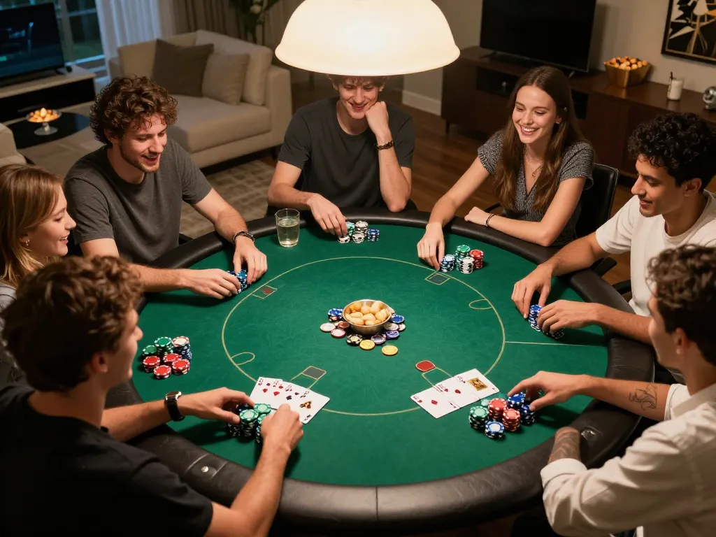 Friends enjoying a lively poker game session at home, showcasing n188 strategies and social dynamics.